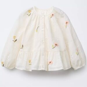 Zara Embroidered Eyelet Peplum Blouse in Cream with Pink Floral Accents, 3T